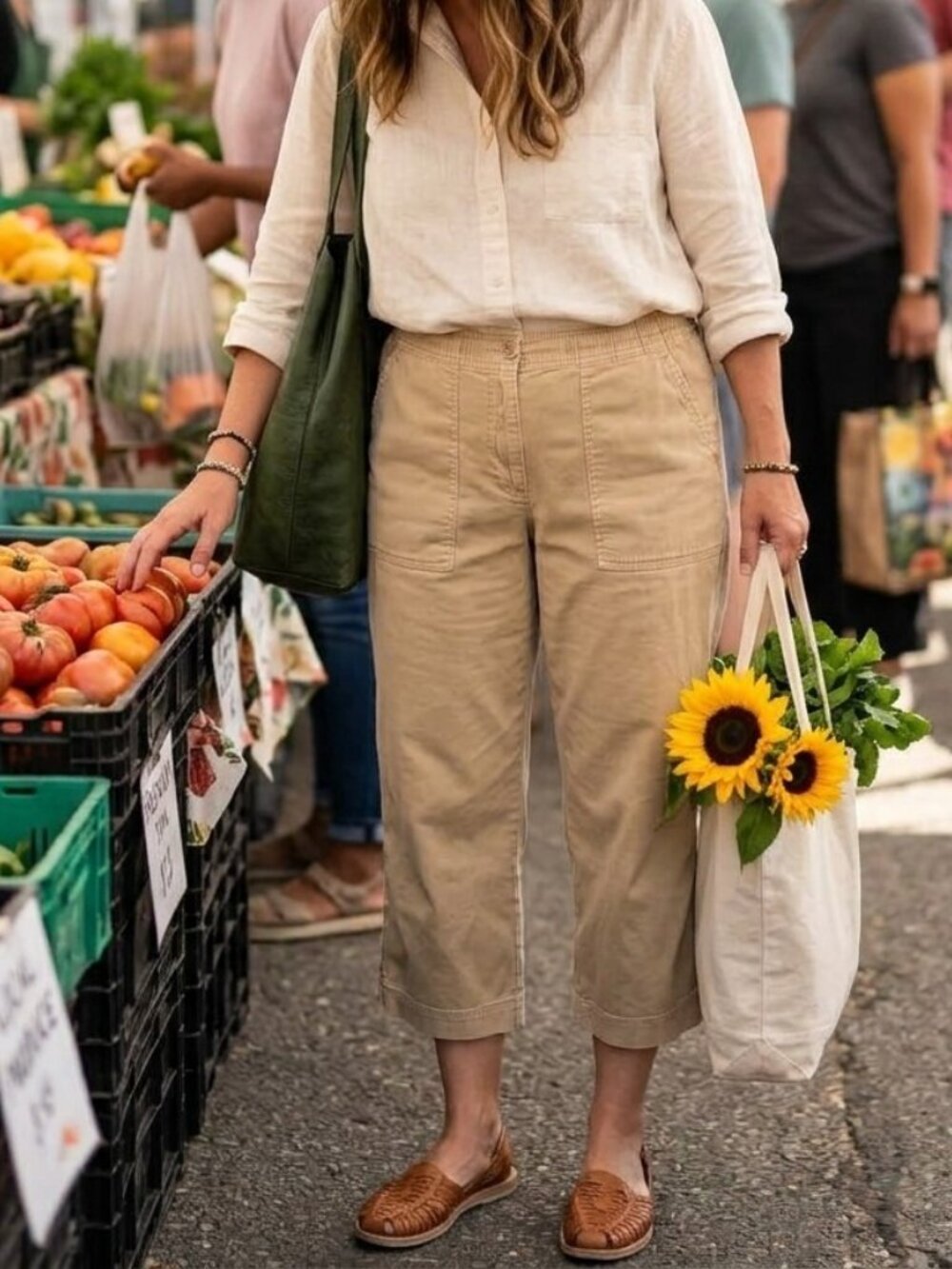 Classic Elements Womens Khaki Wide Leg Capri Pants 12 Tan Stretch High-Rise